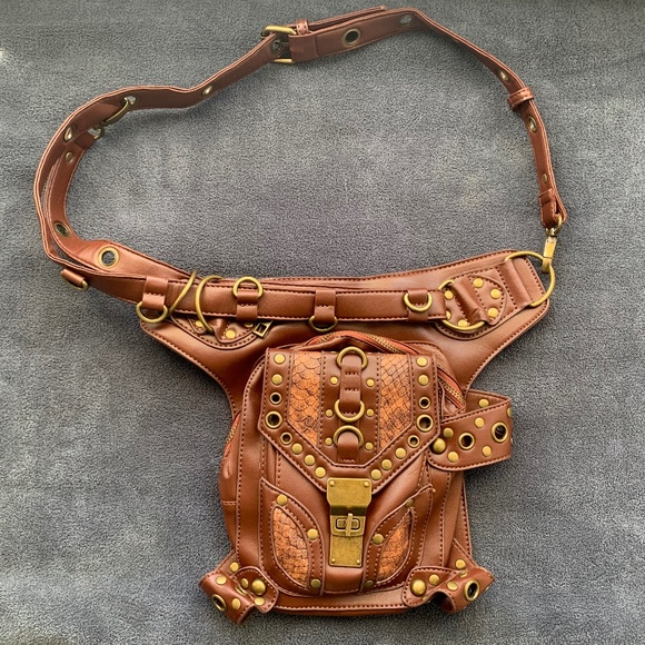 Steampunk Brown Leather Holster Bag • Multi Strap Hip / Thigh / Leg Bag - Picture 5 of 6